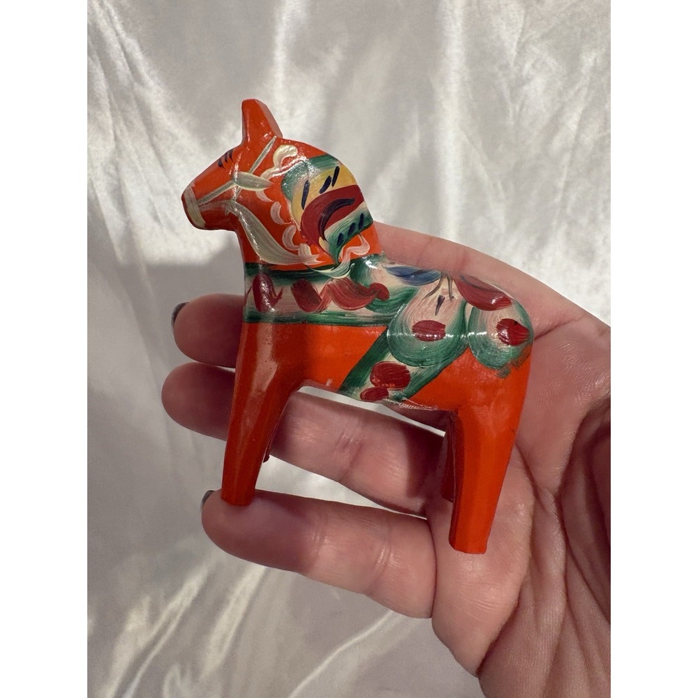 Tiny Red Dala Horse 2.5" Hand Painted Sweden Kurbits Floral Pattern Folk Art
